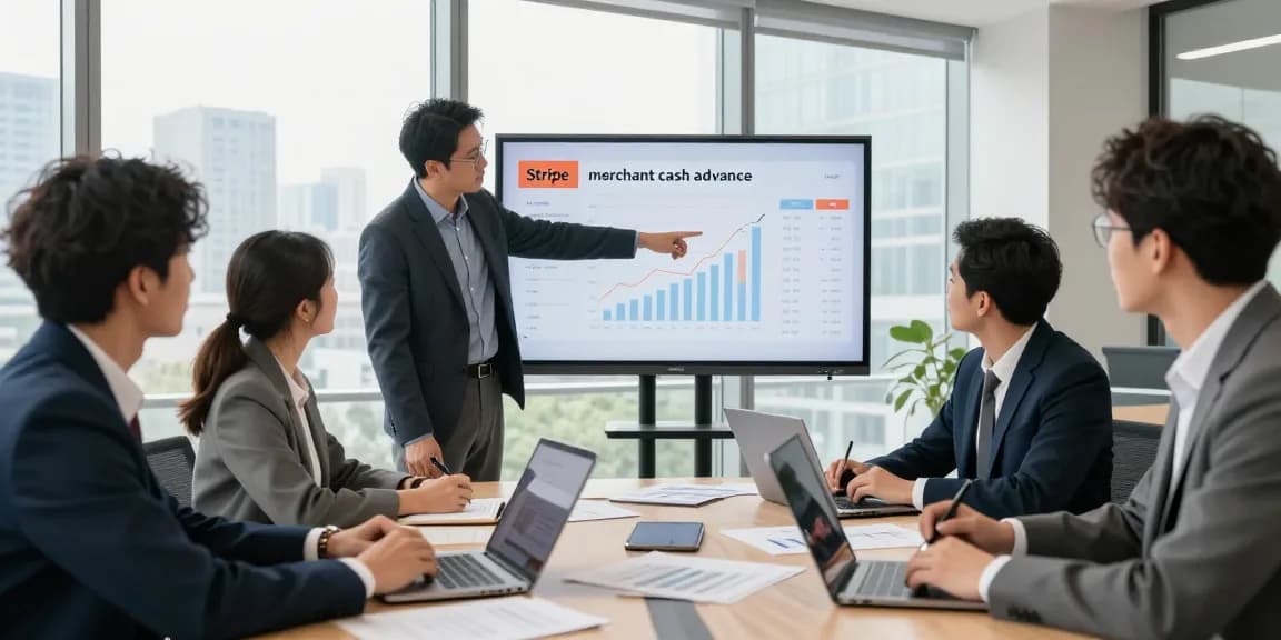 Business team analyzing Stripe merchant cash advance metrics in a modern office environment.