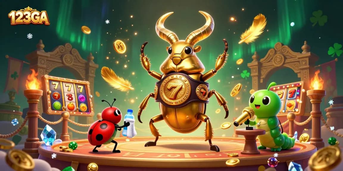 Engage in thrilling casino excitement with 123GA's giant beetle boxing champion surrounded by dynamic gaming elements.