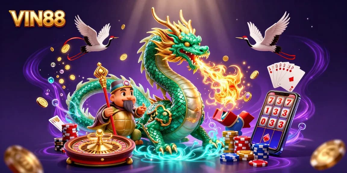VIN88 casino illustration showcasing a jade dragon and turtle sage amid swirling coins and vibrant game elements.