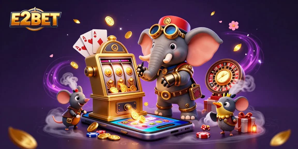 E2BET's vibrant casino experience illustrated with dynamic characters and rich game elements
