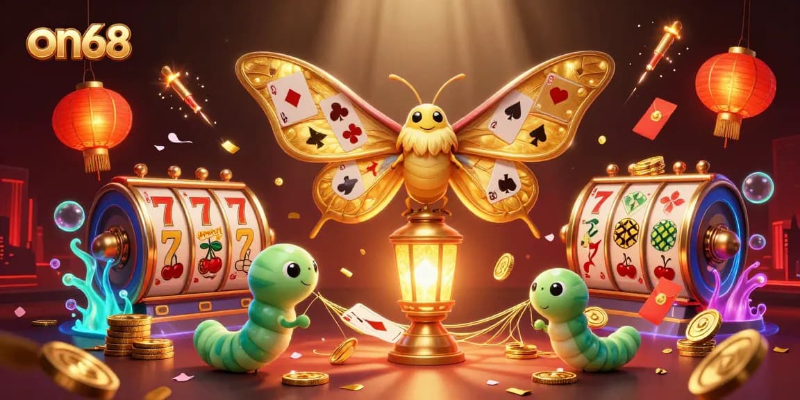 Experience on68 with vibrant slot reels and playful characters in a breathtaking casino scene.