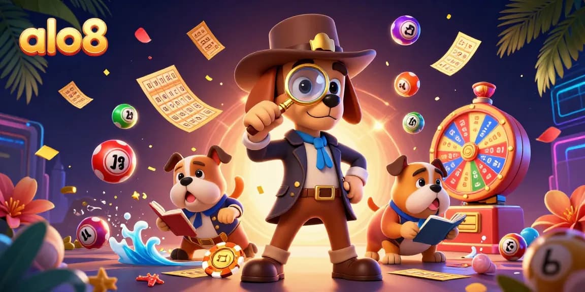 Discover thrilling chances to win at alo8 with cartoon detective uncovering hidden poker chip clues.