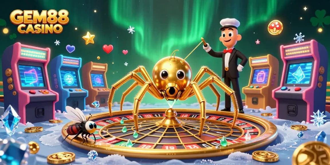 Experience the excitement of GEM88 CASINO with a vibrant roulette wheel and colorful gaming elements.