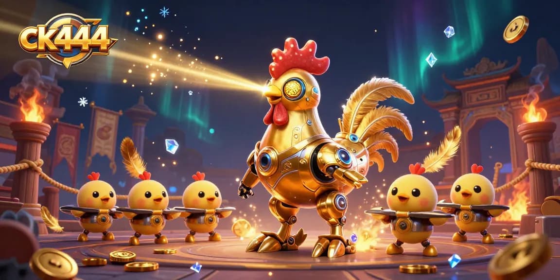 Experience high-stakes action at ck444 casino with dynamic golden rooster robot and baby chick drones.