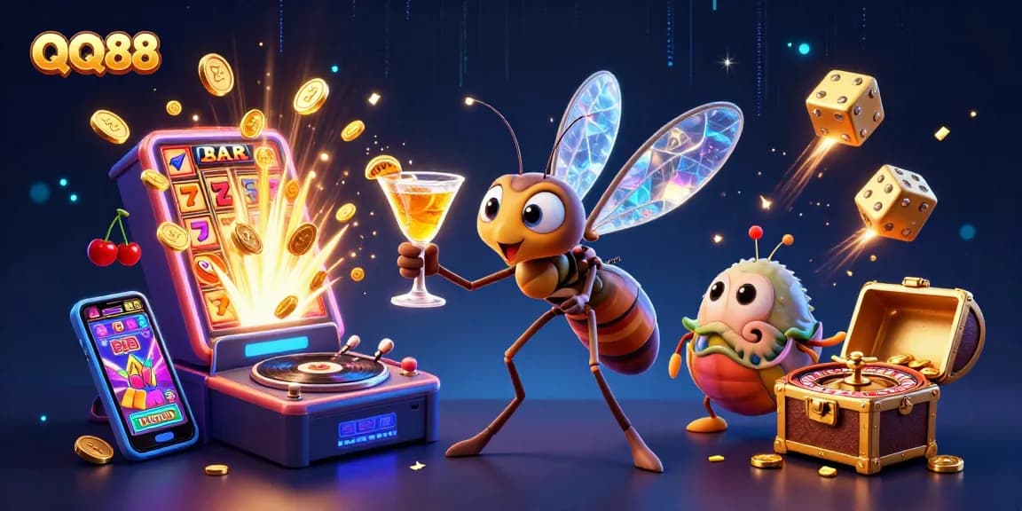 Experience QQ88 with vibrant casino characters, slot machines, and exciting gameplay elements in a dynamic 3D scene.