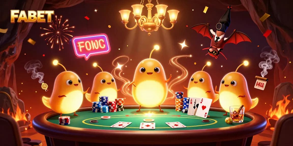 Join the excitement at FABET with a vibrant casino scene featuring poker gameplay and festive celebrations.