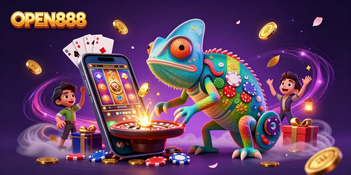 Engage with OPEN888's vibrant gaming world featuring a dynamic chameleon casino owner.