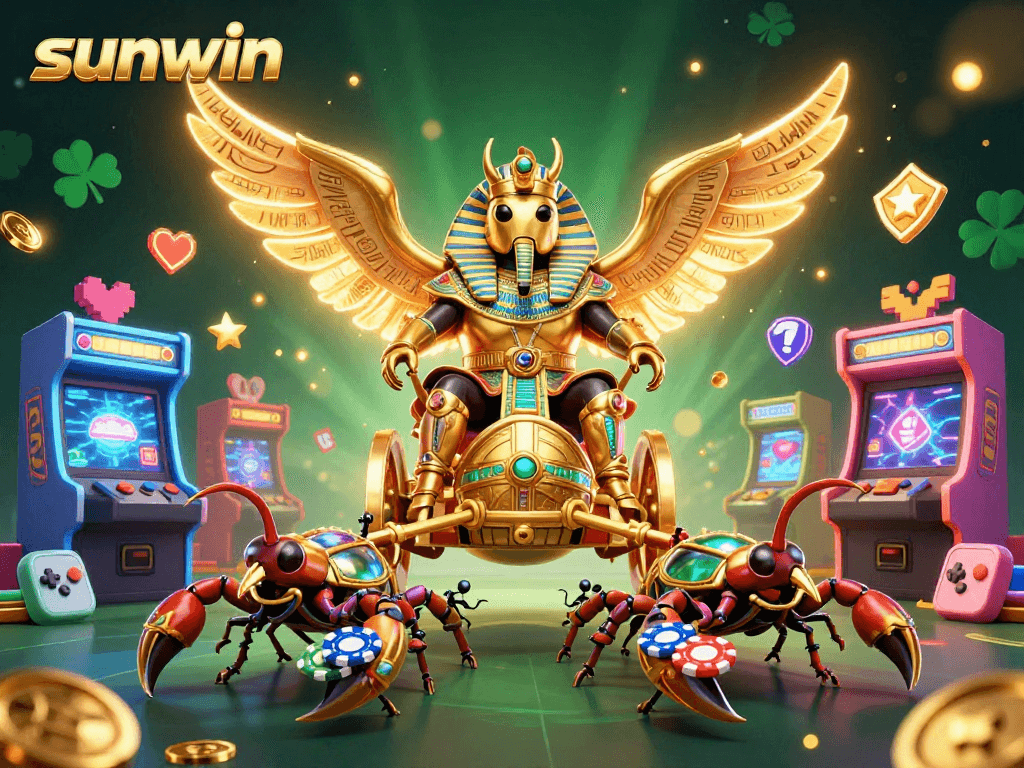 Engage in thrilling gaming at sunwin with vibrant scenes of a colossal scarab, scorpions, and poker chips.