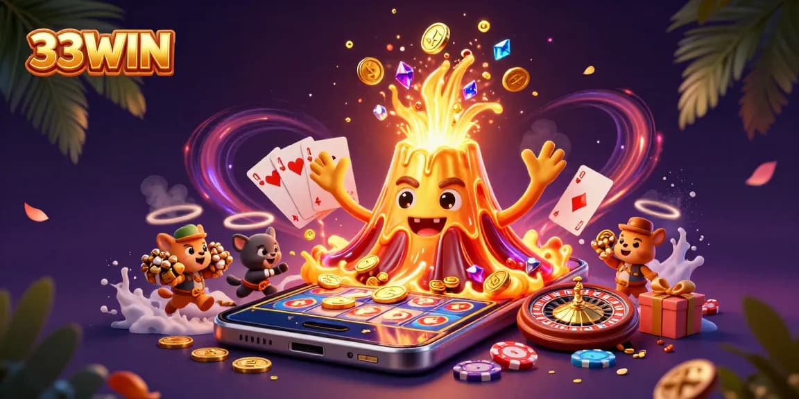 Engage in thrilling gameplay at 33WIN with the golden volcano erupting coins and treasures.
