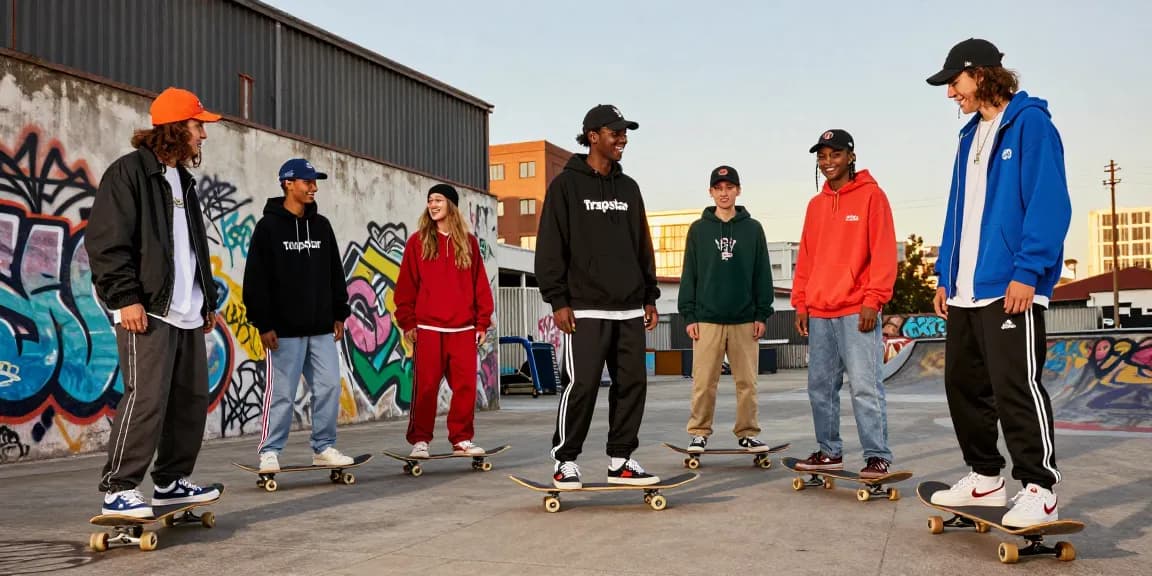Scena della moda streetwear Trapstar con outfit alla moda e skateboarder in un ambiente urbano.