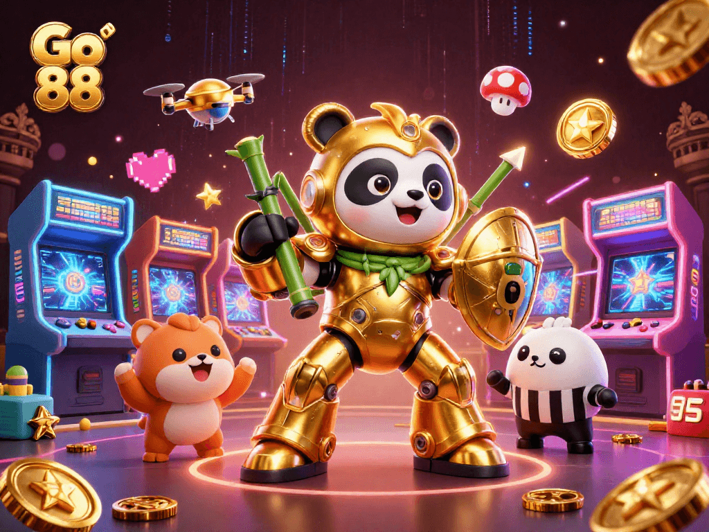 Engage with the dynamic Go 88 gaming arena, featuring a mech-suit panda and exciting arcade elements.