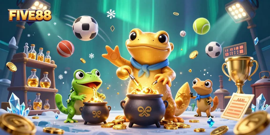 Engage with FIVE88's dynamic gaming experience featuring alchemists and gold coins in a vibrant casino environment.