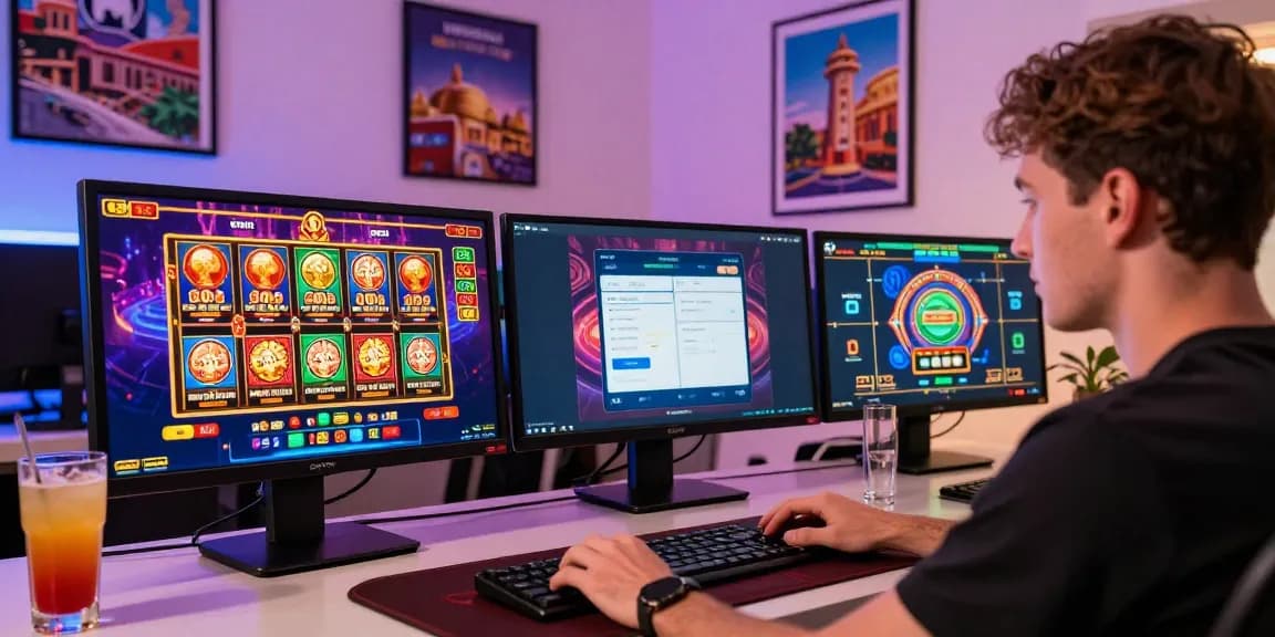 Giocatore che si gode un'esperienza coinvolgente nei casino non AAMS a casa con un gameplay vivace, grafica colorata e un setup moderno.