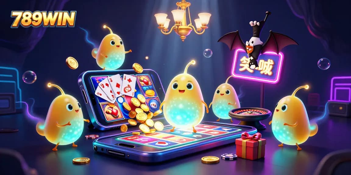 Experience wins at 789WIN with vibrant casino elements and animated glowworms lighting the scene.