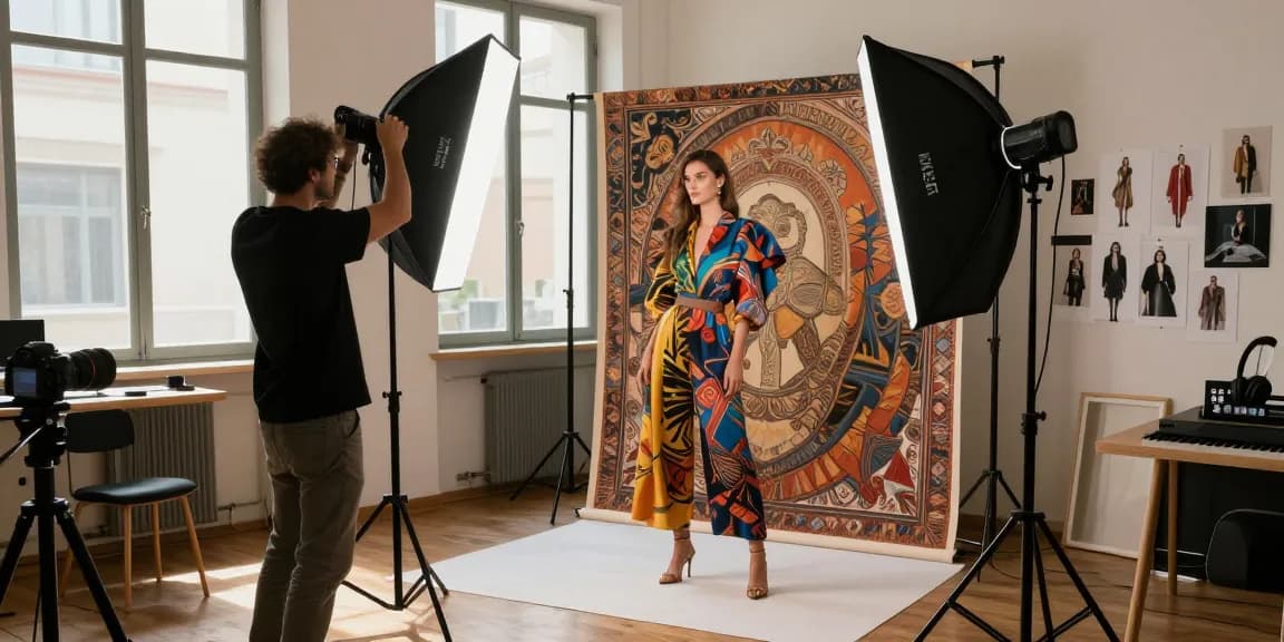 MaxArt studio fotografico cattura un servizio fotografico di moda con un fotografo e un modello in un ambiente creativo di studio.