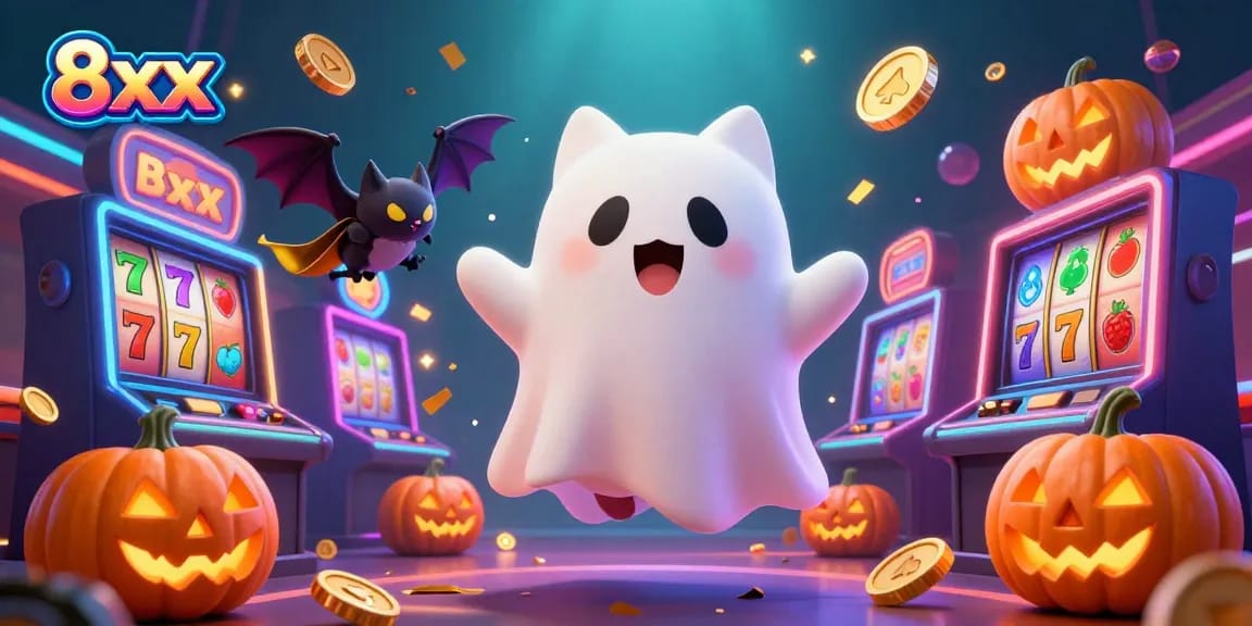 Engage with 8xx's thrilling casino atmosphere featuring a ghostly cat and glowing slot machines.