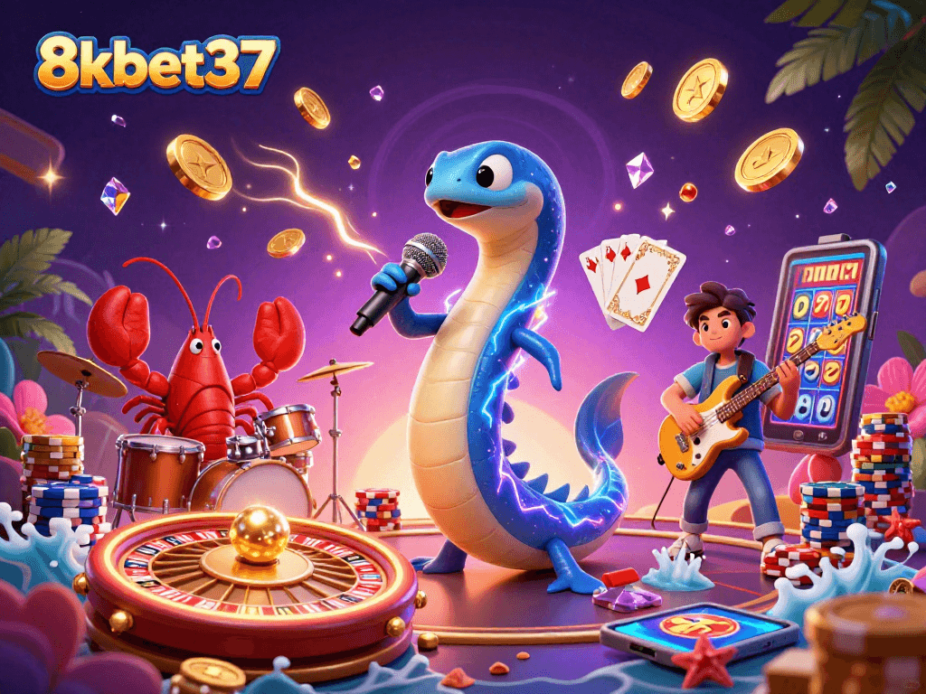 Experience captivating fun with 8kbet37's underwater casino scene featuring animated characters and casino games.