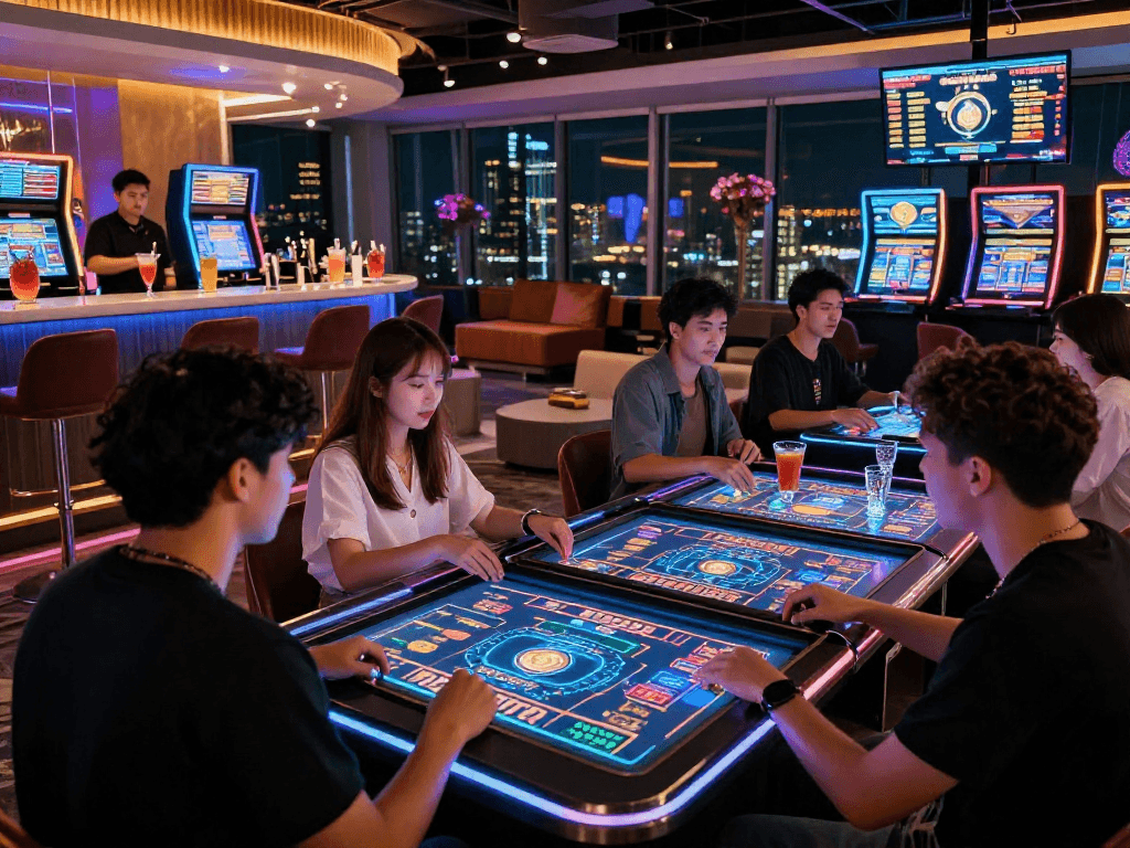 Exciting crypto casino atmosphere with players at high-tech gaming tables and vibrant LED lighting.
