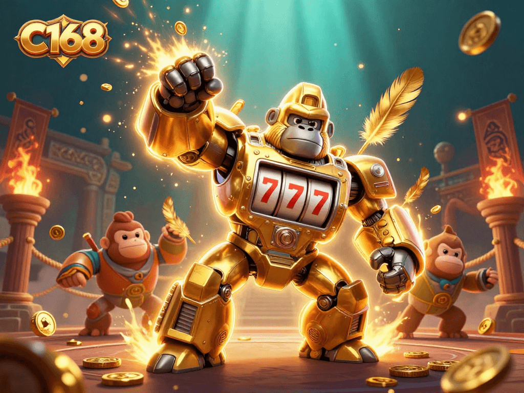 Experience C168's gaming excitement with a dynamic 3D illustration of a roaring golden gorilla mech.