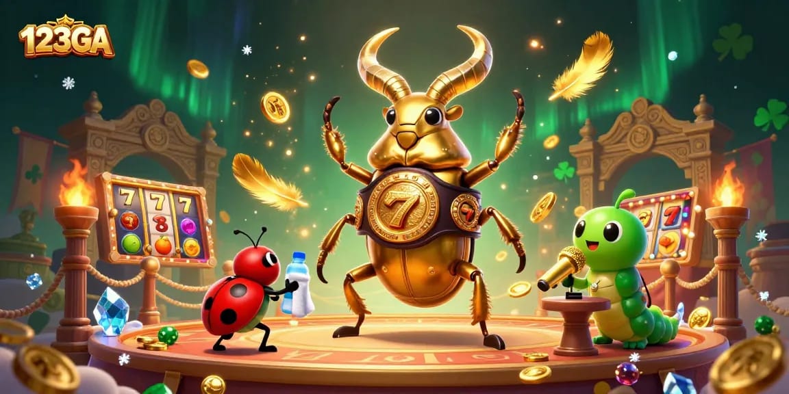 Engage in thrilling casino excitement with 123GA's giant beetle boxing champion surrounded by dynamic gaming elements.
