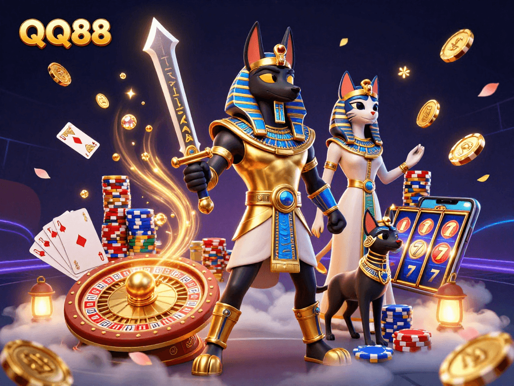 Engage in exciting gameplay at QQ88 with vibrant characters and dynamic casino elements.