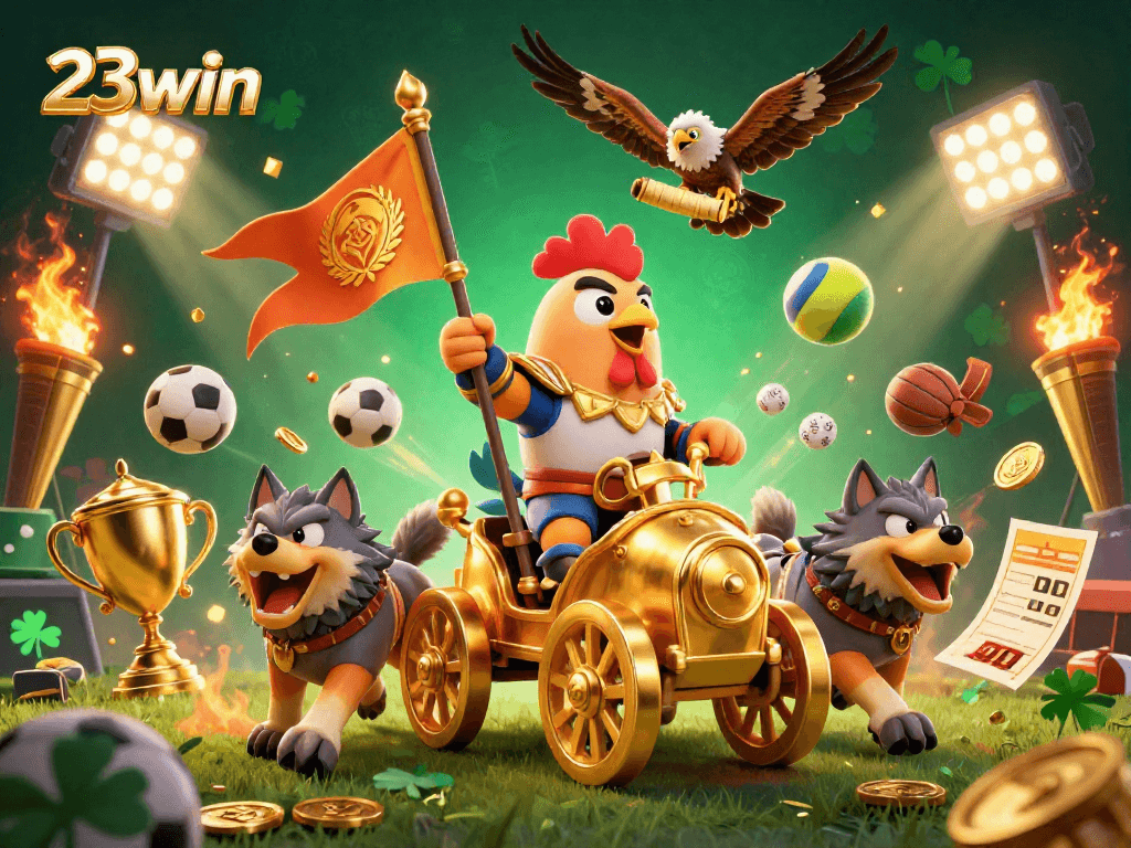 Experience thrilling action with 23win, featuring a rooster warlord and sports elements in an epic 3D illustration.