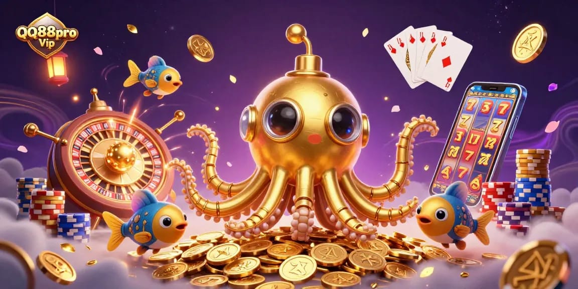 Engage in thrilling gaming action with QQ88pro Vip's golden kraken submarine amidst coins and roulette wheels.