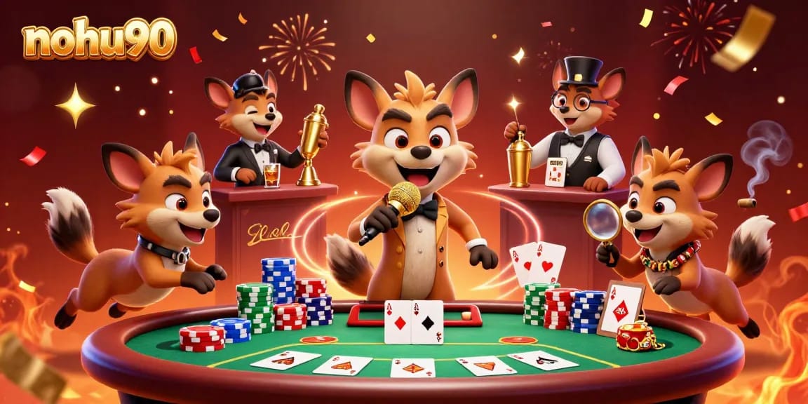 Join the fun at nohu90 casino with energetic hyenas showcasing thrilling gambling in a comedy club setting.