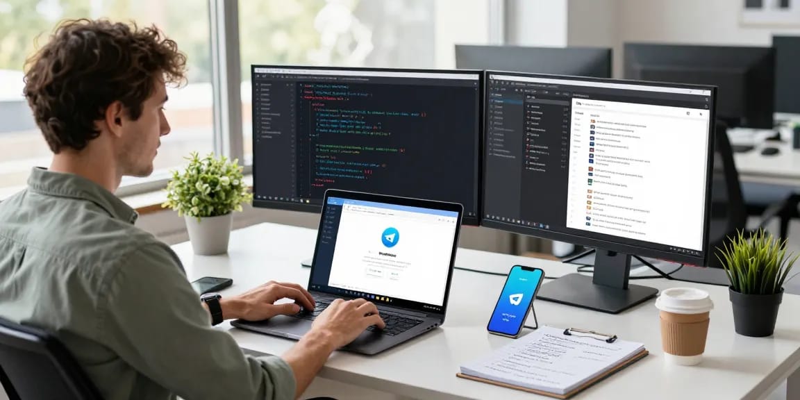 Download Telegram on a developer's dual monitor setup in a modern office workspace.
