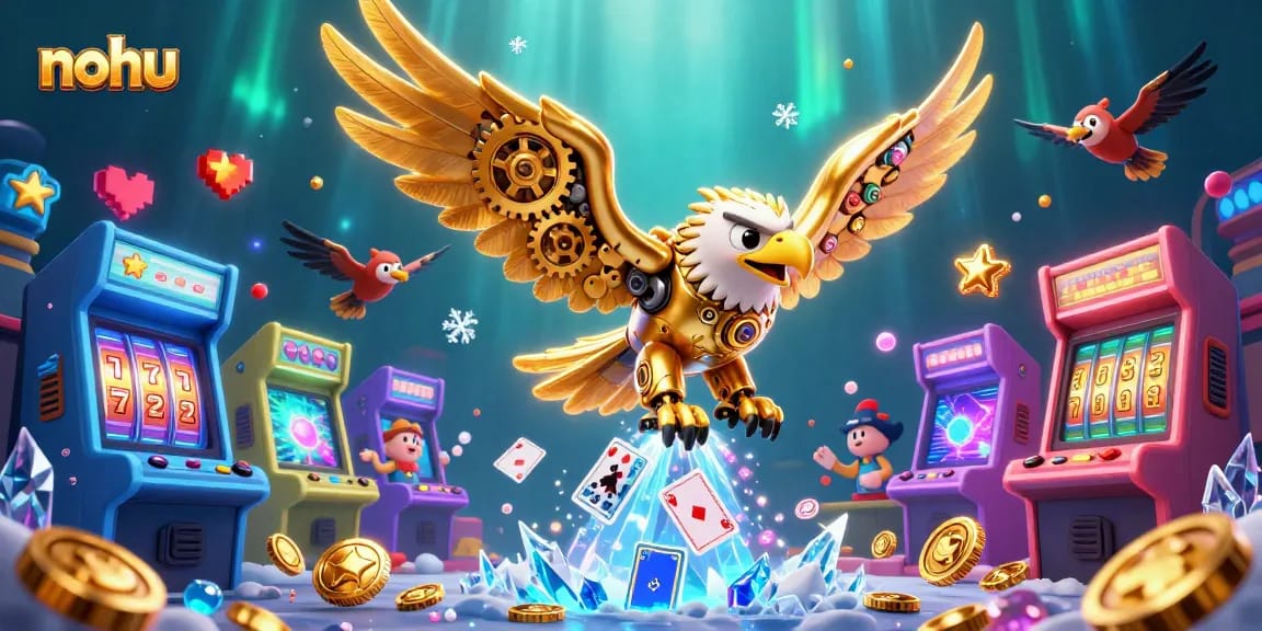 Nohu game experience featuring a golden eagle diving through holographic cards, showcasing thrilling casino elements.
