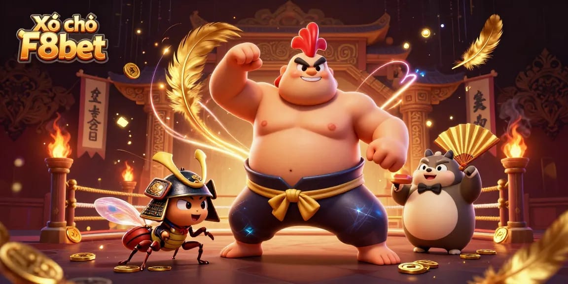 Xổ số F8bet showcases exciting gameplay with dynamic characters in a vibrant casino scene.