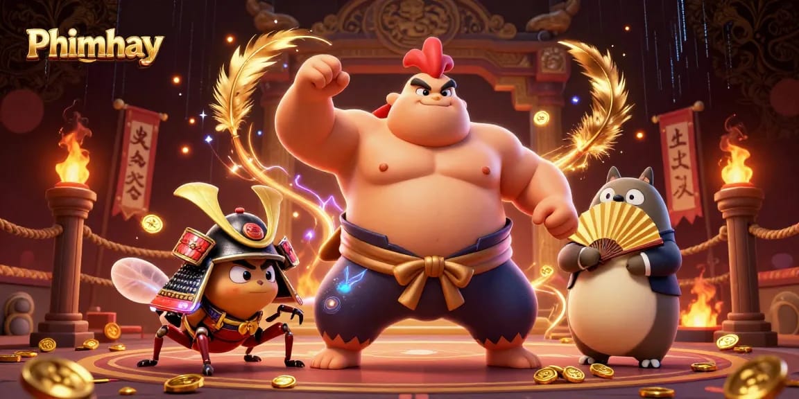 Experience thrilling play with Phimhay’s vibrant casino scene featuring a sumo rooster, samurai cricket, and tanuki announcer.