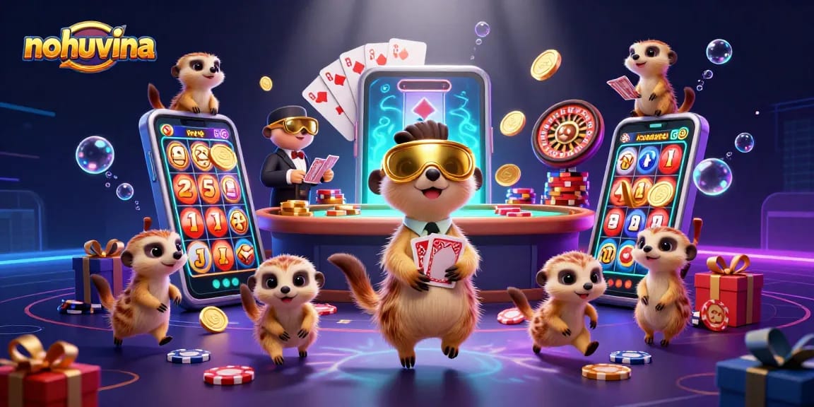 Engage with nohuvina's vibrant casino scene featuring animated meerkats running thrilling games.