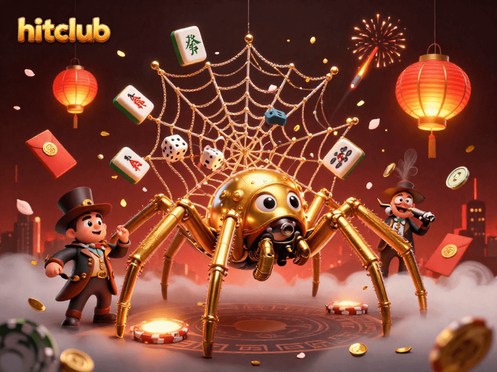 Experience thrilling action at hitclub with a charming steampunk spider and amusing fly gentleman in a dazzling casino web.