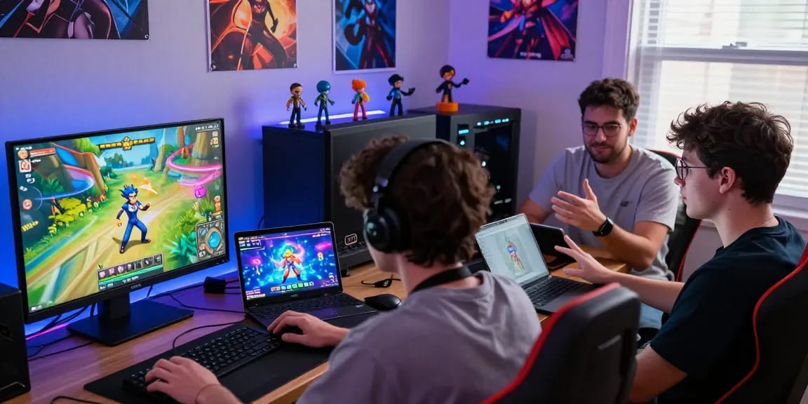 Players immersed in transformation porn games using laptops and tablets in a colorful gaming environment.