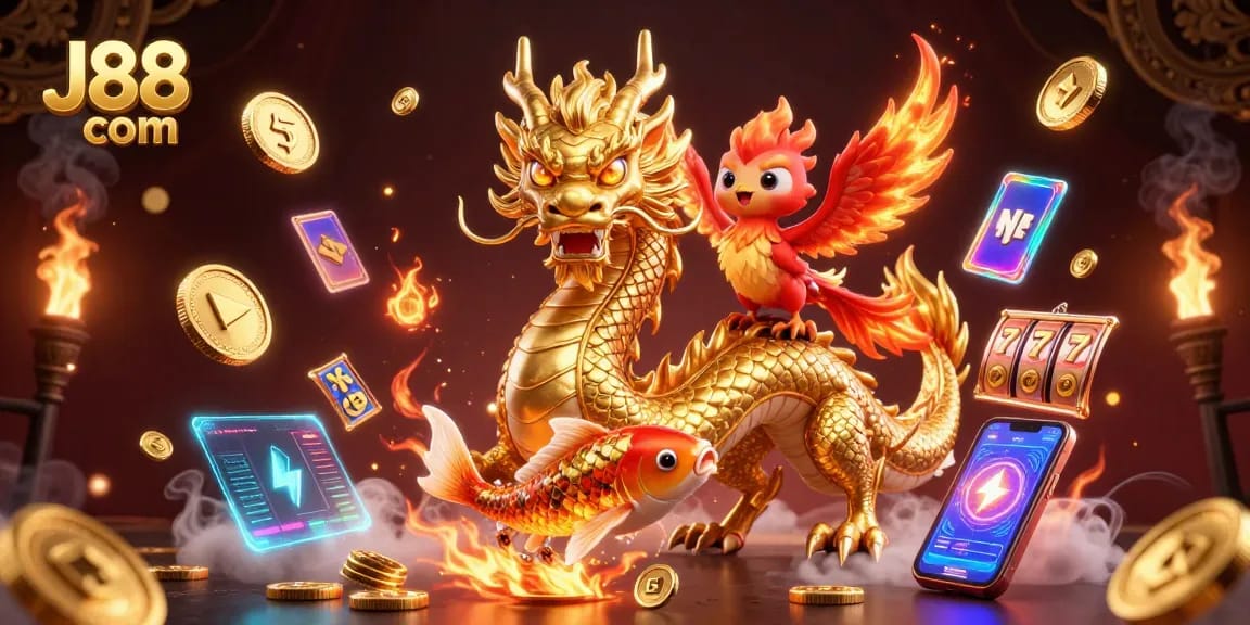 Engage with J88 com in a colorful casino world featuring a golden dragon, phoenix, and koi fish amidst vibrant gaming elements.