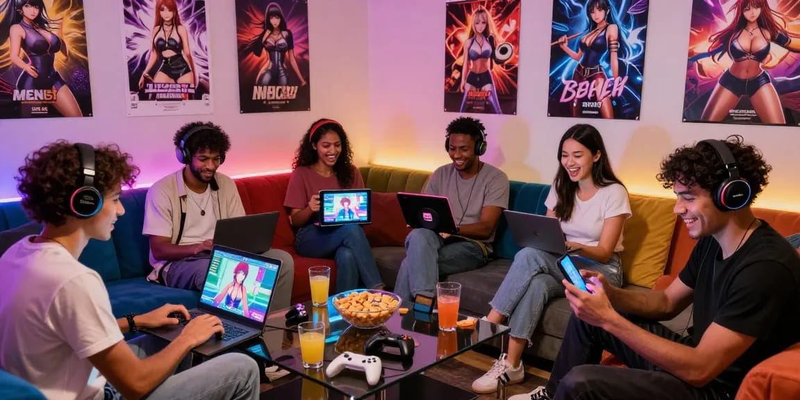 Group enjoying a hentai game in a vibrant gaming lounge setting with diverse players.