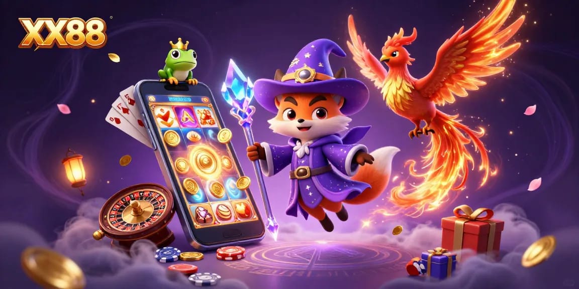 Experience exciting gameplay at XX88 with a mystical scene of a wizard fox and phoenix amidst casino elements.