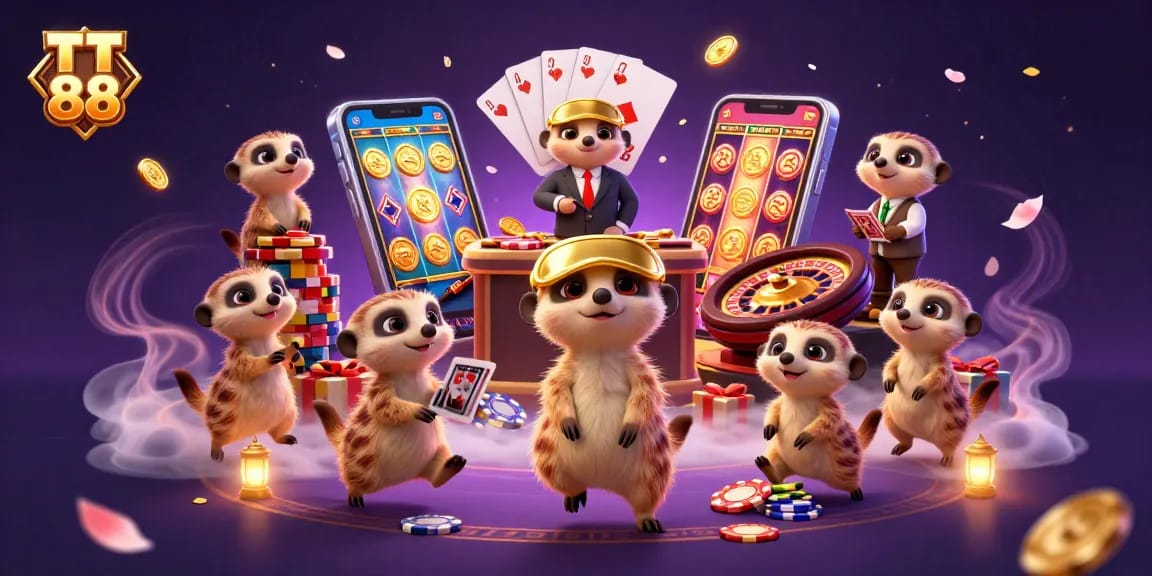TT 88 meerkats operating a vibrant casino with slot games, chips, and dazzling atmosphere.