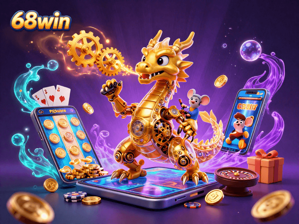 Experience the excitement of 68win with a golden dragon and engaging casino elements around