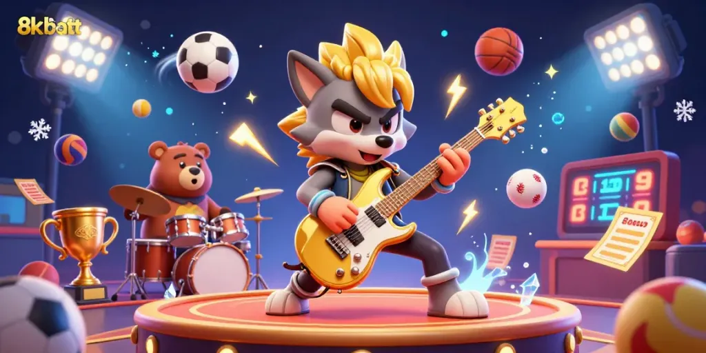 Engage in thrilling gameplay at 8kbett, where a rock star wolf and a wild drummer bear perform in a vibrant casino atmosphere.