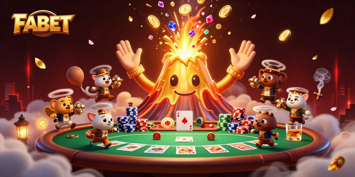 Engage with the vibrant world of FABET featuring a golden volcano and poker treasures.