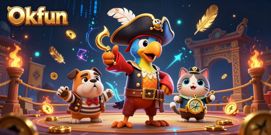 Engage in thrilling gameplay at Okfun with cartoon pirate characters amidst a dynamic casino scene.