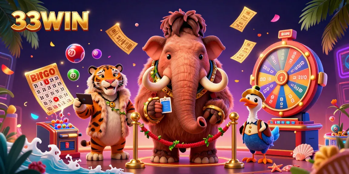 Join the 33WIN excitement with a vibrant 3D illustration of fun lottery elements and unique characters in a casino.