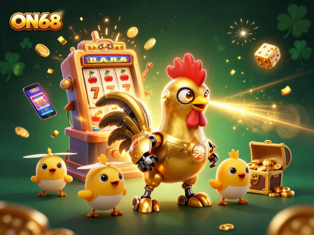 Engage in thrilling slots at ON68, featuring a golden rooster robot amid casino game elements.
