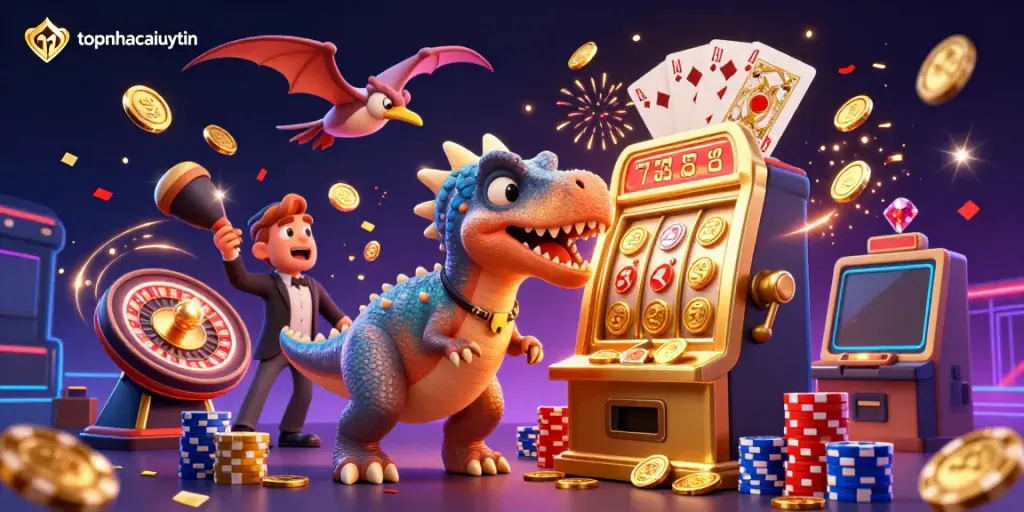 topnhacaiuytin promotes a vibrant casino scene with a pachycephalosaurus activating a jackpot machine.