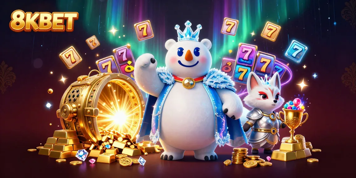 Spin and win with 8KBET as the ice king and snow fox greet fortune in a vivid casino scene.
