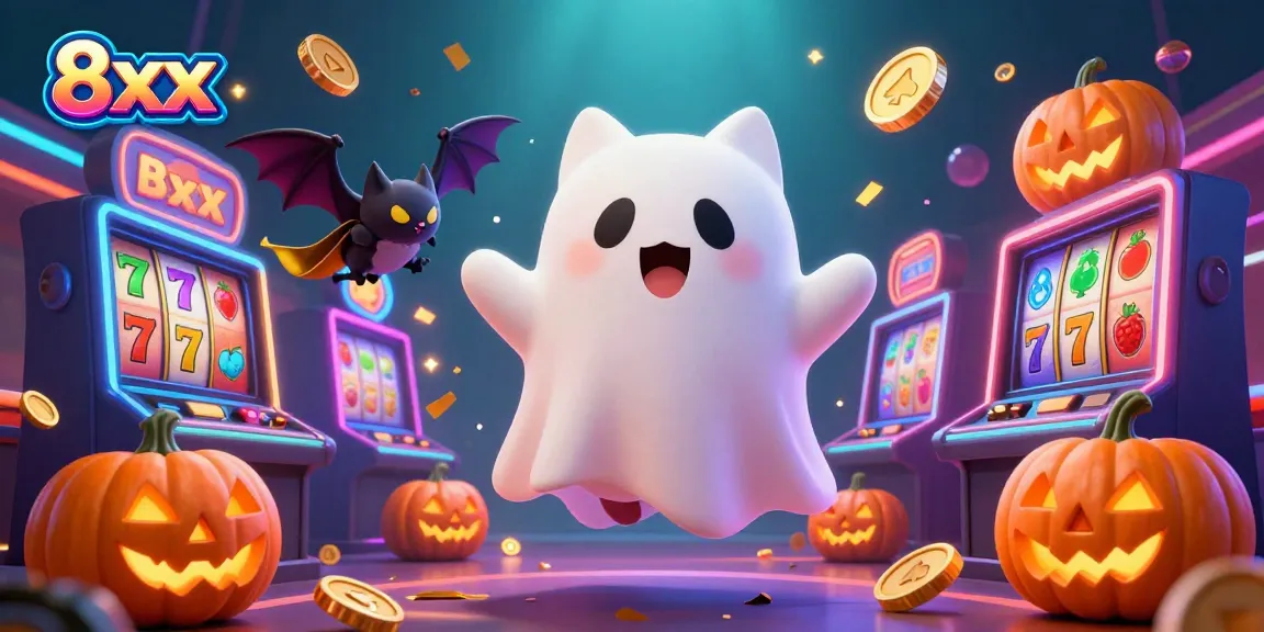 Engage with 8xx's thrilling casino atmosphere featuring a ghostly cat and glowing slot machines.
