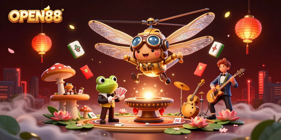 Engage with OPEN88’s dynamic casino scene featuring a dragonfly pilot and frog croupier amidst vibrant gaming elements.