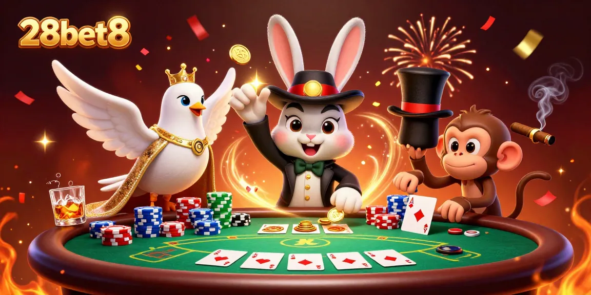 Play exciting games at 28bet8 while winning coins and poker chips in this enchanting casino scene.